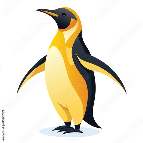 A king penguin with vibrant yellow plumage stands with its wings slightly outstretched, looking upwards  a white background.