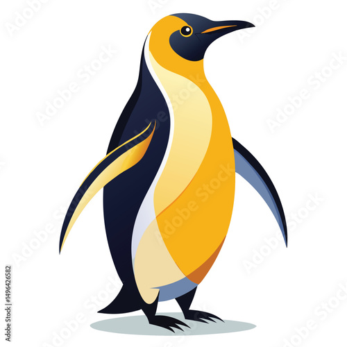 A king penguin with vibrant yellow plumage stands with its wings slightly outstretched, looking upwards  a white background.