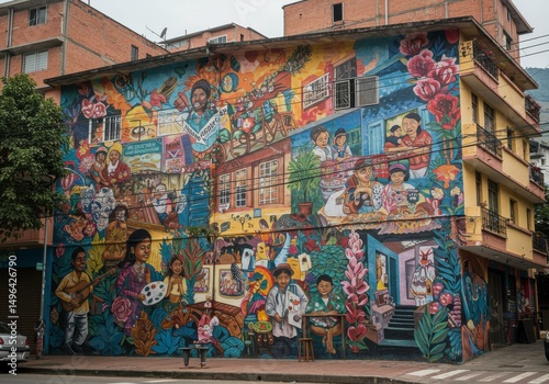 Street Art Mural: An evocative street art mural brings a building to life, showcasing vibrant colors and intricate details, with scenes of community, culture, and daily life.