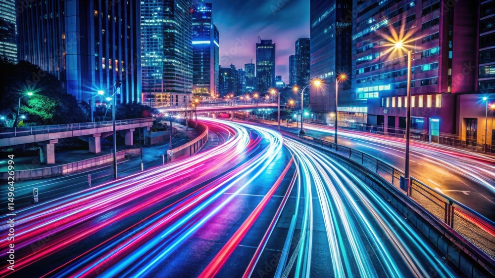 Obraz premium Vibrant Neon Light Trails Through Urban Landscape at Night