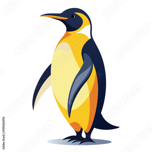 A king penguin with vibrant yellow plumage stands with its wings slightly outstretched, looking upwards  a white background.