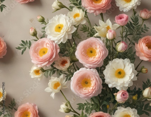 Delicate ranunculus, roses, and lilies on textured paper ,  macro photography,  botanical illustration