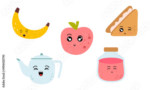 Breakfast Food Kawaii Doodle Set Vector Illustration