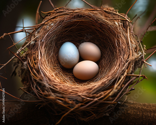 Closeup of a bird nest with fresh organic eggs on straw in natural farm setting