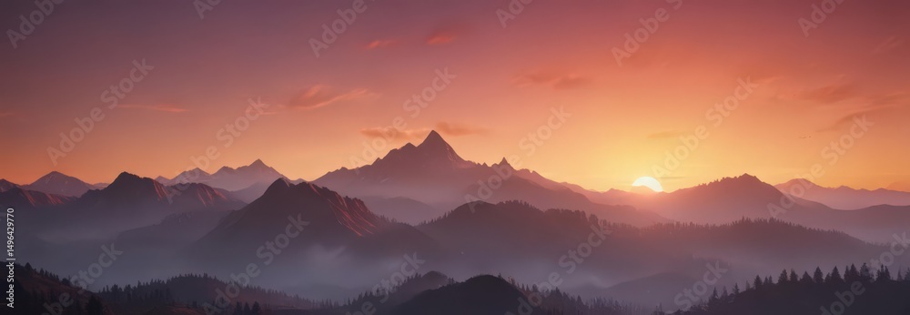 Obraz premium Fiery sunset paints misty mountain peaks, gradient sky, color, view