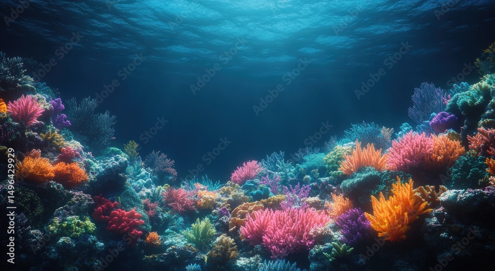 Fototapeta premium Vibrant colorful coral reef under clear blue ocean waters with sunlight rays penetrating the surface illuminating diverse marine flora