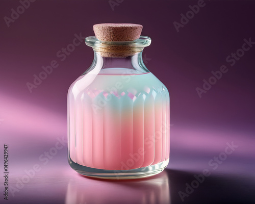 Close-up of a delicate glass bottle with a soft  liquid inside, symmetrical design