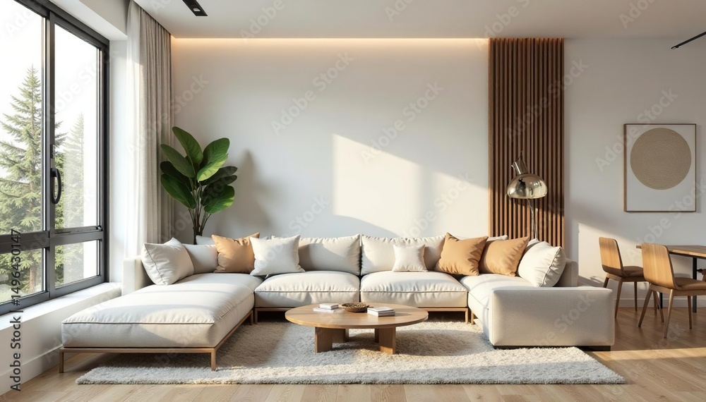 Obraz premium Modern minimalist living room, neutral palette, clean, window, apartment