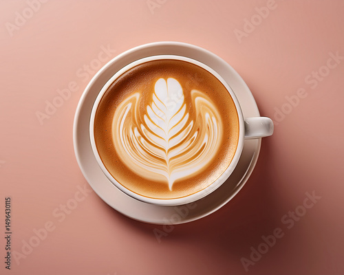 A coffee cup with latte art on a soft pastel background, symmetrical design