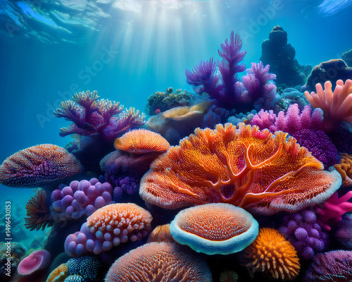 Close-up of colourful coral reefs under clear water, symmetrical underwater shot