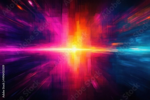 Abstract digital art featuring a radiant bright light at the center emitting vibrant pink, orange, and blue dynamic energy beams creating a sense of motion and depth