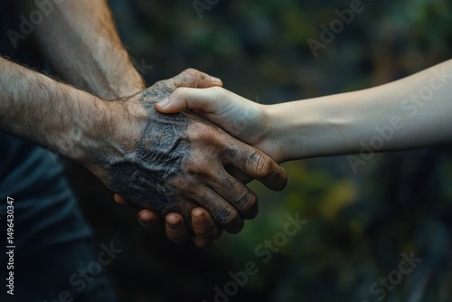 Close-up of two hands clasped together showing disparity with one hand dirty and rough, and the other clean and smooth, symbolizing connection and contrast