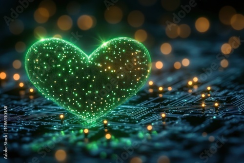 Glowing green digital heart shape composed of illuminated points and lines on a futuristic circuit board emitting warm light with soft bokeh background
