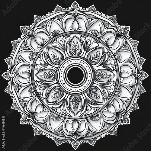 Intricate circular mandala design with detailed layers of floral and leaf patterns in black and white on a dark background, evoking calm and focus