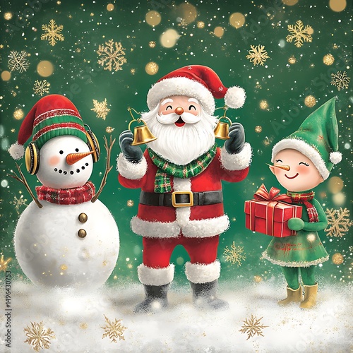 Festive characters, a snowman, santa claus and an elf, celebrate christmas.