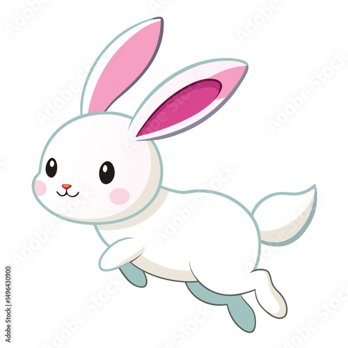 A small, white rabbit with pink ears appears to be mid-leap against a white background