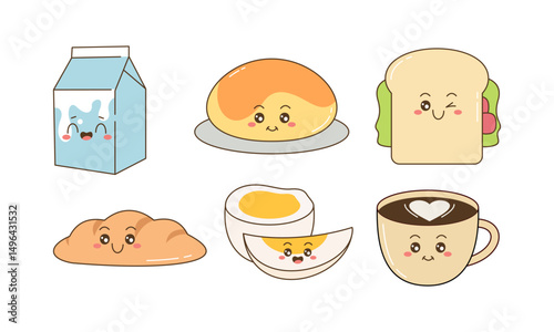 Breakfast Food Kawaii Doodle Set Vector Illustration