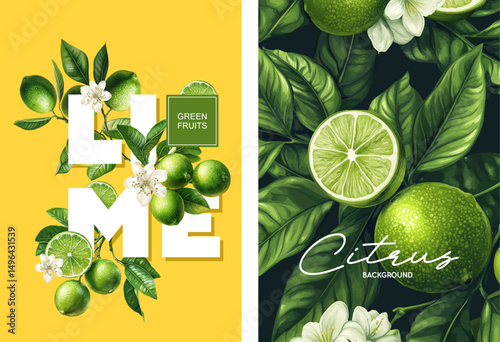 Vectorized gouache illustrations. Illustrations of green lime with flowers and leaves for poster, print, menu, card or textile