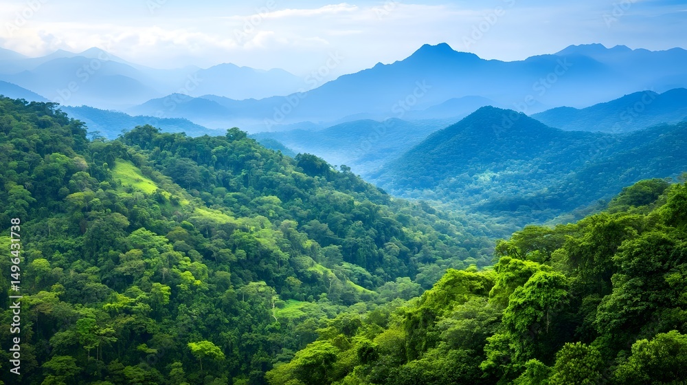 Fototapeta premium Scenic mountain landscape with lush green forest-covered hills