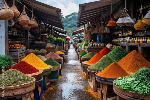 Lively Coastal Spice Market Trail in Sri Lanka Featuring Colorful Herbs and Fresh Drizzle