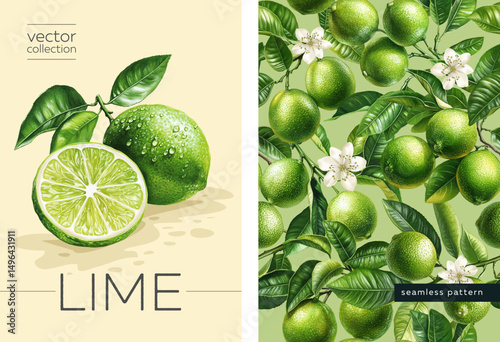 Vectorized gouache illustrations. Illustrations of green lime with flowers and leaves for poster, print, menu, card or textile