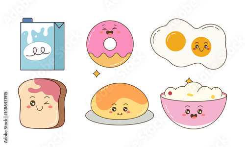 Breakfast Food Kawaii Doodle Set Vector Illustration