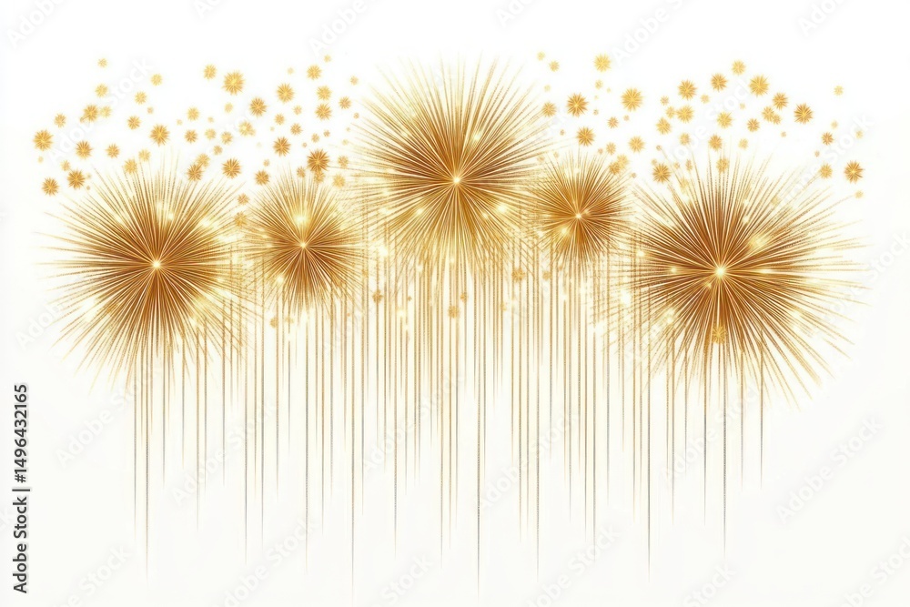 Fototapeta premium Golden sparkling starburst fireworks with cascading trails on a white background conveying celebration and festivity