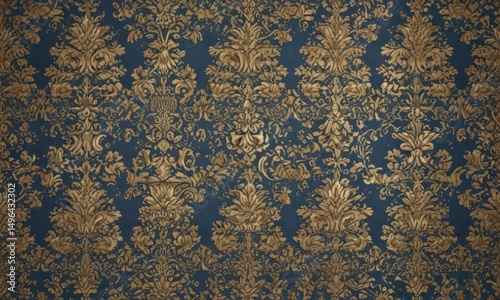 Intricate gold & blue damask floral wallpaper, seamless pattern,  ornate,  home decor