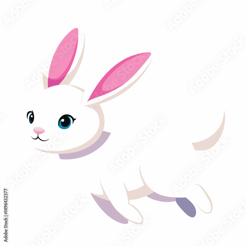 A small, white rabbit with pink ears appears to be mid-leap against a white background