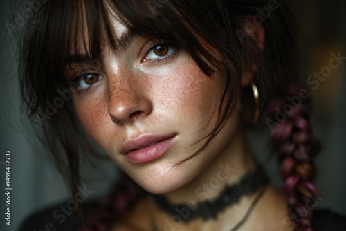 Freckled woman with pigtails looking directly at the viewer