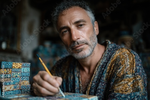 Older man in patterned shirt sitting indoors with intense gaze