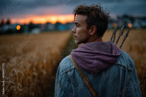 Back view of a man walking in a wheat field during sunset