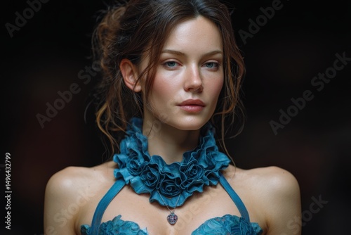 Serious young woman with styled hair wearing detailed blue outfit