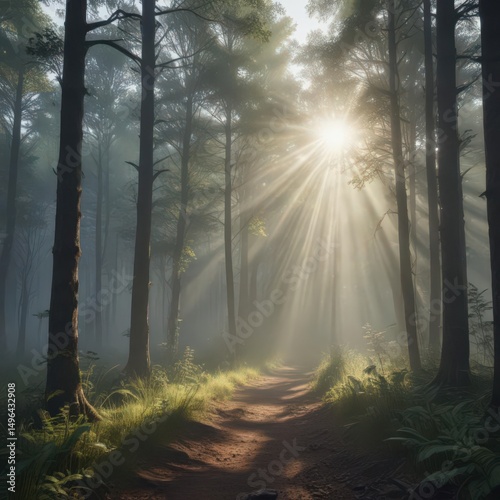 Sunbeams pierce misty forest, creating vibrant light shafts ,  golden hour,  beams,  environment
