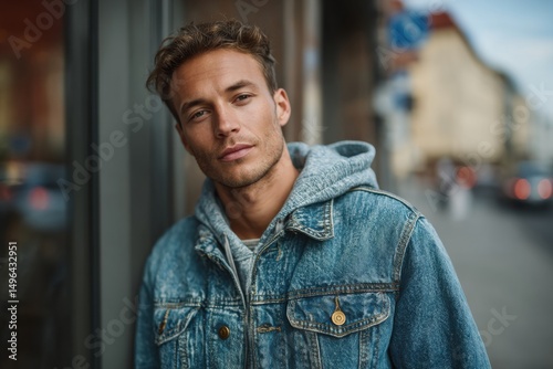 Man in denim jacket posing outdoors in urban environment