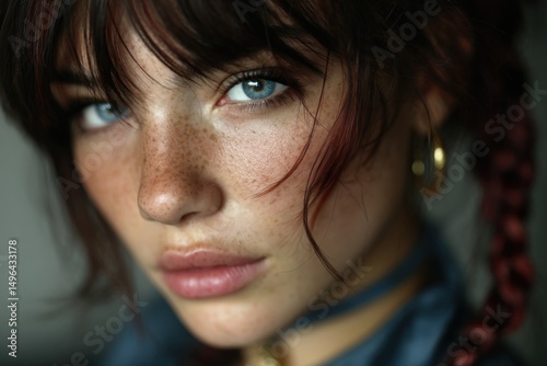 Beautiful girl with braid and freckles looking softly at the viewer