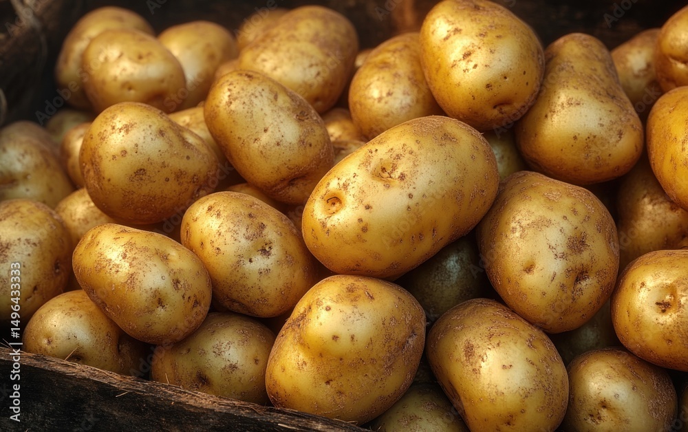 Close-up of a pile of fresh yellow potatoes with light brown spots in a rustic wooden container Close-up of a pile of fresh yellow potatoes with light brown spots in a rustic wooden container