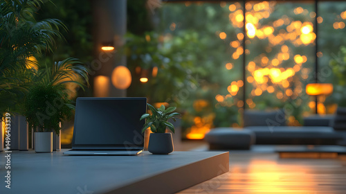 Laptop on Table with Plants, 3D Illustration