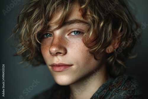Boy with curly hair and soft expression looking calmly at camera
