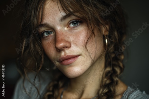 Natural light portrait of girl with freckles and messy braid looking into distance