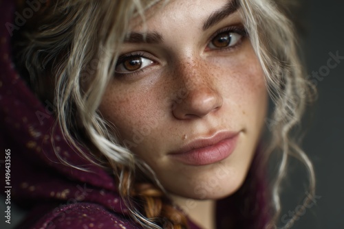 Portrait of young woman in hood with gentle smile and natural freckles
