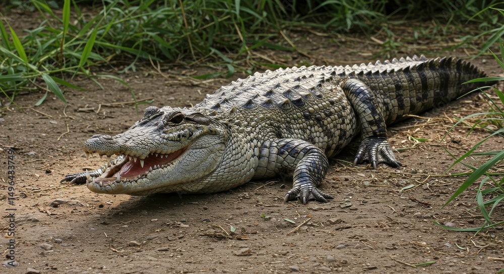 Fototapeta premium Alligator basking in Sunlight: A large alligator with textured skin and formidable jaws basking in the warm sunlight. The scene evokes a sense of prehistoric power and natural resilience.