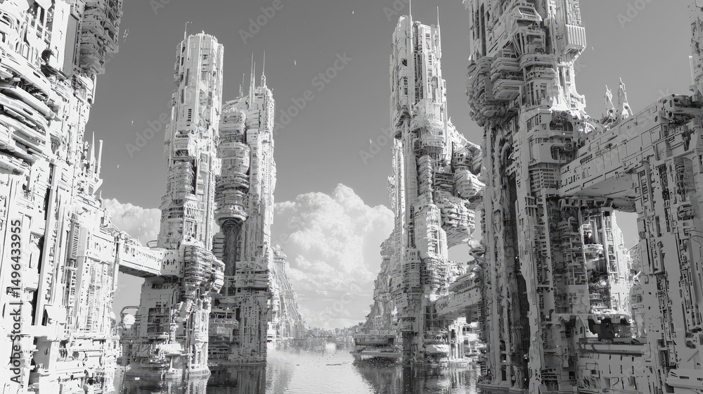 Monochromatic futuristic cityscape with tall structures. Monochromatic futuristic cityscape with tall structures.