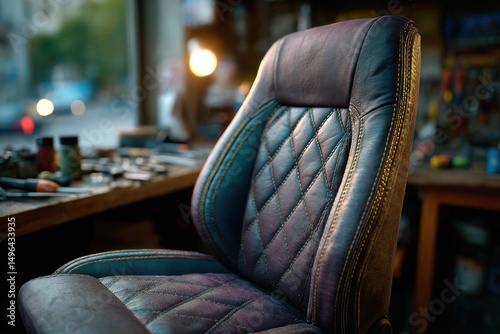 Close-up of a luxurious leather chair next to a desk in a cozy room