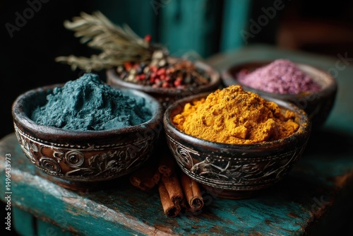 Close-up of colorful spices in bowls on a rustic wooden table