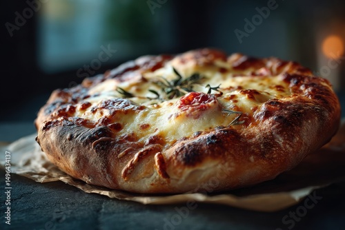 Close-up of freshly baked pizza with cheese and toppings on a wooden board