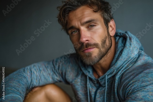 Portrait of a man with beard and blue sweater looking into the distance