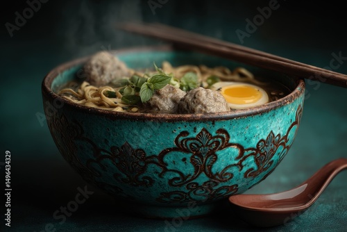 Decorative ceramic bowl of Asian noodle soup with egg and chopsticks on dark background