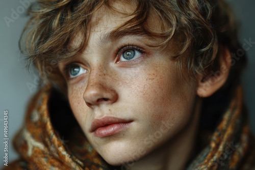 Close-up portrait of a young boy with freckles and golden hair wearing a hoodie