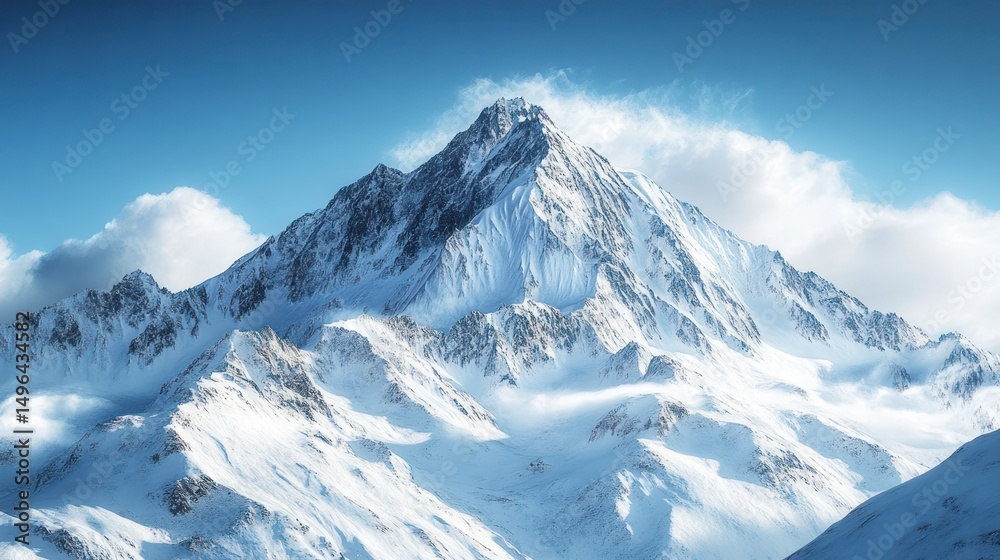 Obraz premium Majestic Snow-Capped Mountain Peak Against a Bright Blue Sky Backdrop